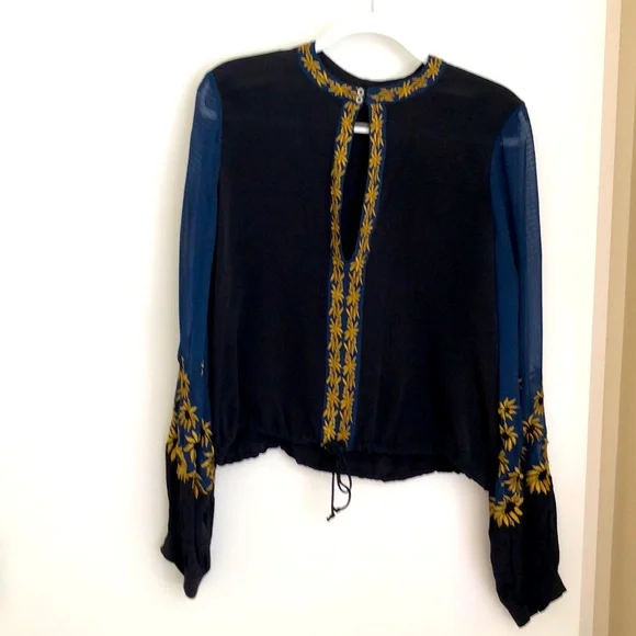 Free People blouse size L black/navy w/ gold embroidery- new! Never worn - Picture 1 of 5